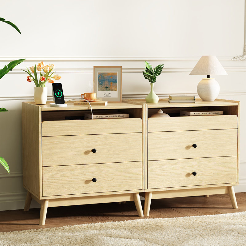 3 - Drawer Nightstand, 24“ W Wood Bedside Table With Built-In Outlets And Solid Wood Legs(Set Of 2), Ntuatral Wood, Set of 2