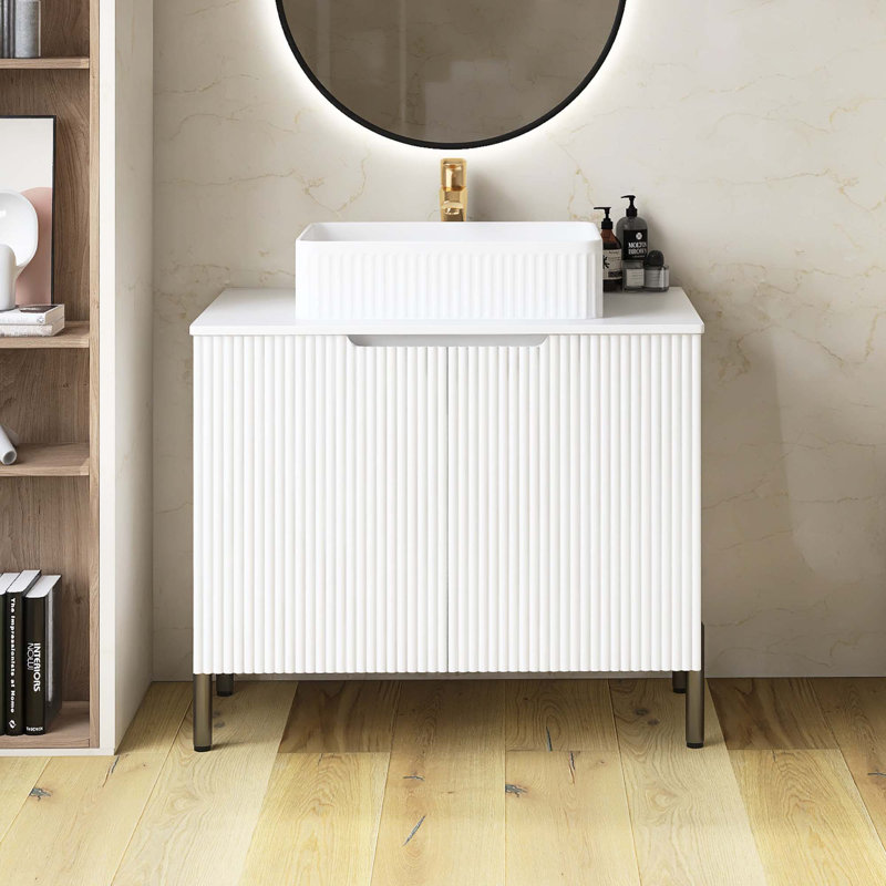 Meuble-lavabo autoportant avec lavabo et portes en céramique, comptoir blanc Carrara, Blanc