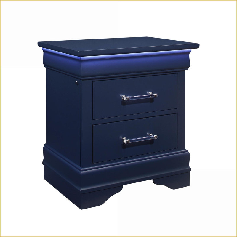 Table de chevet 2 tiroirs Charleston Blue avec éclairage DEL, Bleu