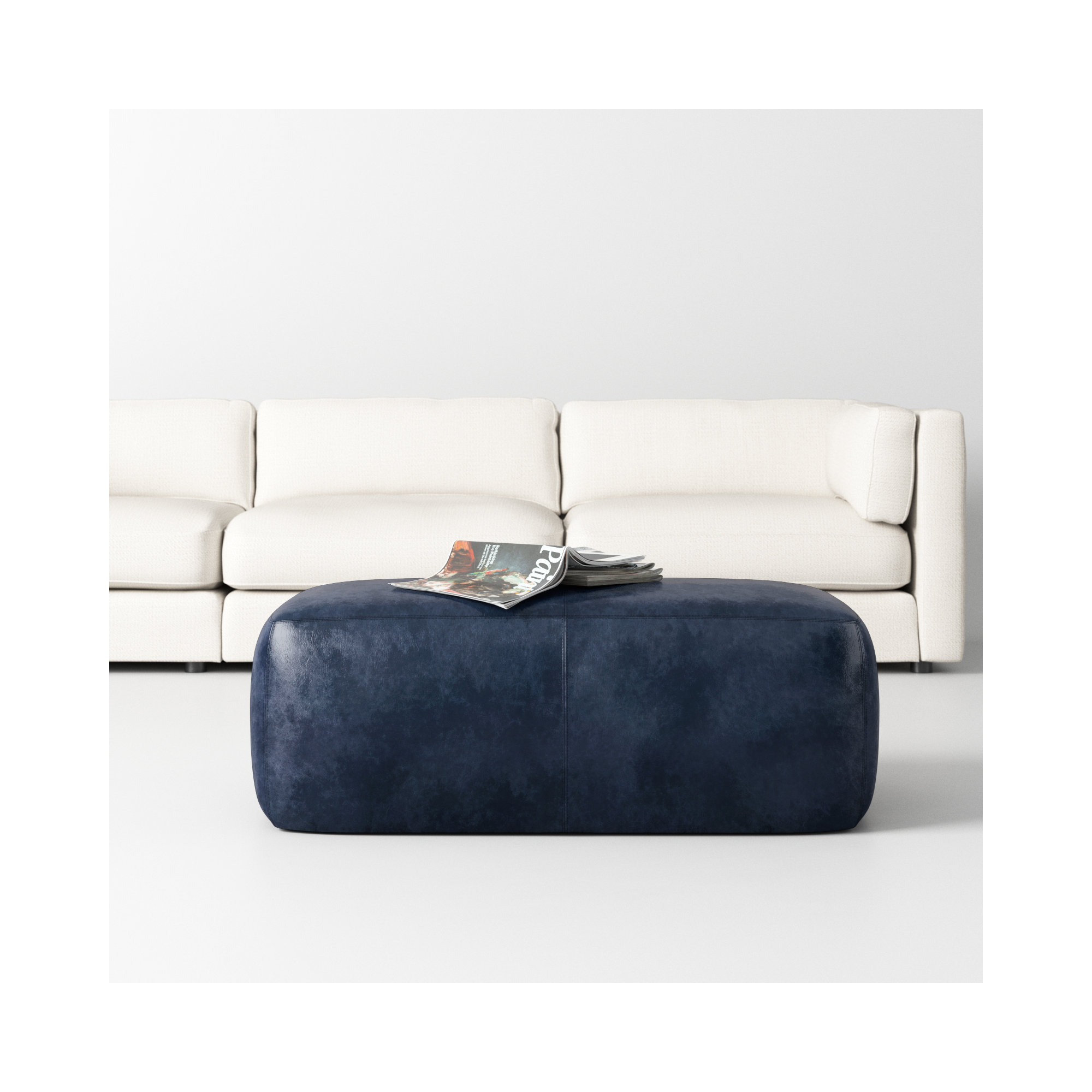 Denver Full-Grain Genuine Italian Leather Ottoman, Midnight Blue Genuine Leather
