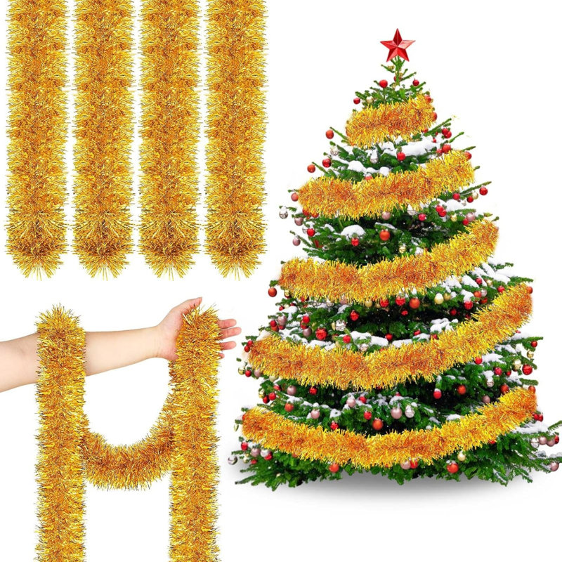 50ft Gold Christmas Tree Tinsel Garland for Holiday Decoration | 3.5in Wide Shiny Christmas Tinsel, Reusable PVC Gold Tinsel Garland, for Xmas Tree Mantels Stairs Ceiling Hanging Decor