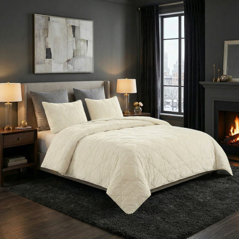 Ensemble de courtepointe Velvet, Crème, Courtepointe grand + 2 couvre-oreillers standard