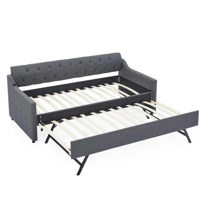 Twin Size Upholstered Daybed with Erectable Trundle and USB Port, Button Tufted Sofa Bed, Linen Dark Gray, Dark Gray