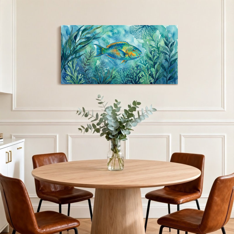 Animaux, poissons colorés nageant parmi des plantes aquatiques, H 20 po x l 40 po