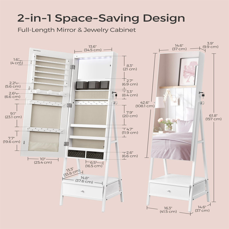 Rustic Brown Jewellery Armoire With Mirror And Bottom Drawer For Women - Large Storage, Built-In Mirror Lights, Extra Storage Outside - Ideal For Face Makeup - 14.6''D X 16.3''W X 61.8''H