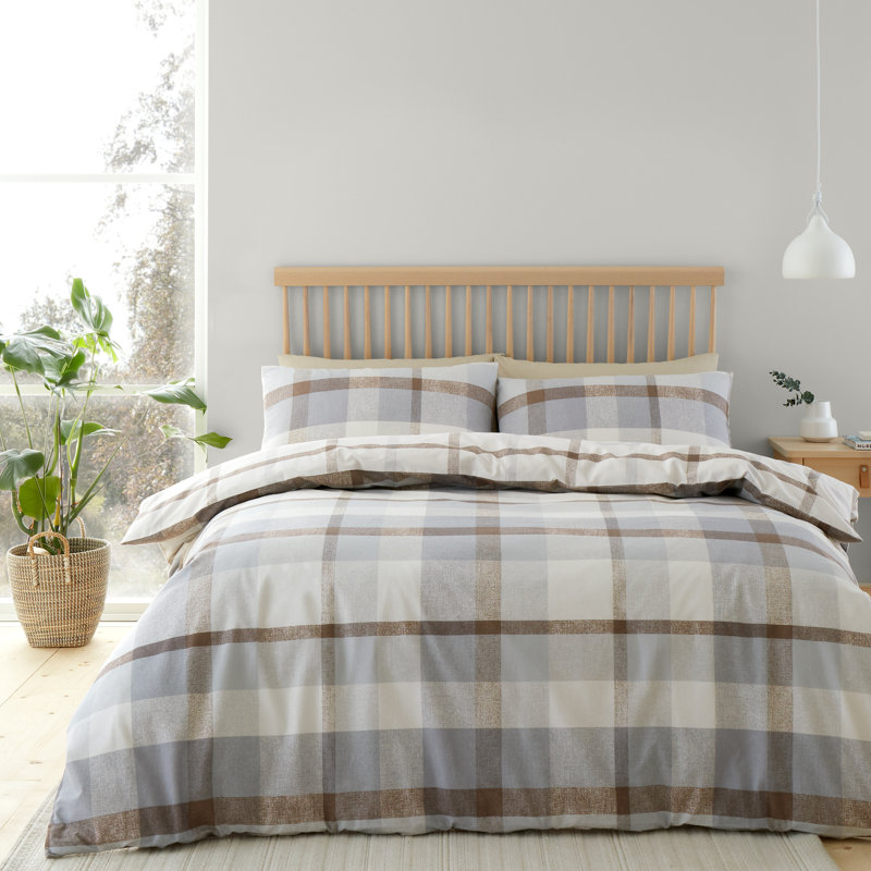 Brushed Cotton Melrose Tweed Check Reversible Duvet Cover Set, Blue, Kingsize Duvet Cover + 2 Standard Pillowcases