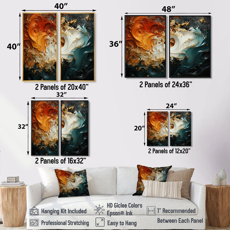 Orange et marbre émeraude lave VI - peinture murale abstraite, H 20 po x l 24 po, Impression encadrée flottante, Doré