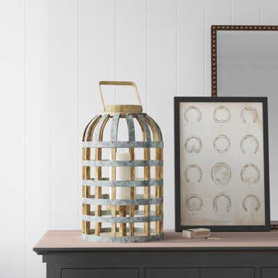 22” Decorative Wood and Metal Lantern with Bamboo Accents, Cage-Style Candle Holder for Living Room