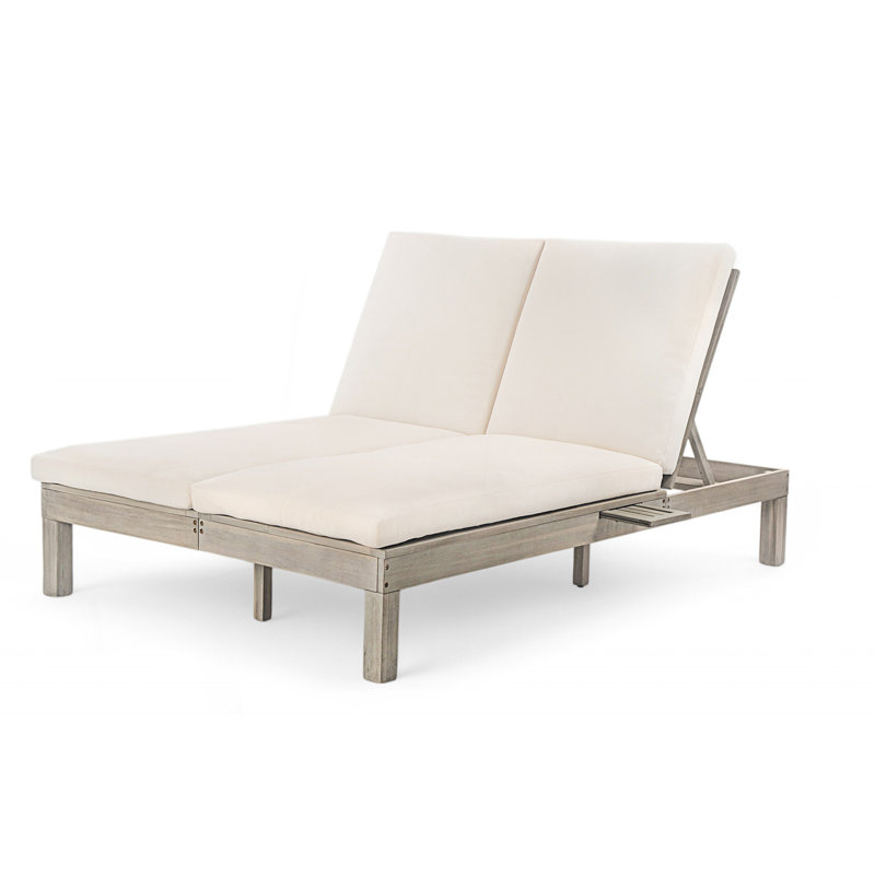 Outdoor 5-Position Adjustable Backrest Double Chaise Lounge, Outdoor Chaise Lounge With Cushion And Folding Side Trays, Gray