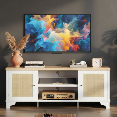 Boho TV Stand, With 2 Cabinets & Open Shelf