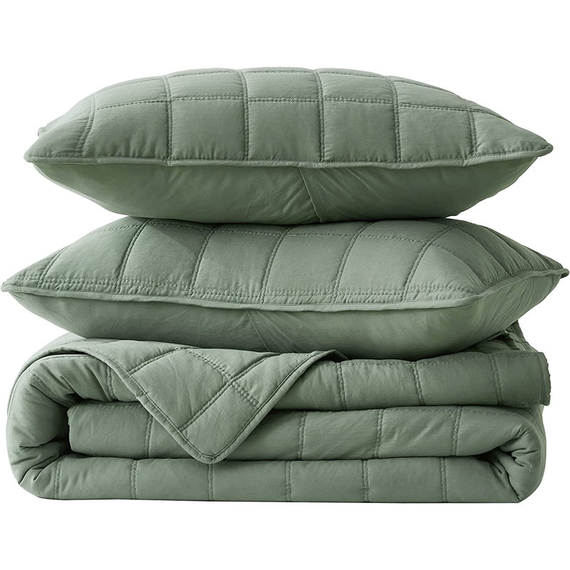 Square Stitch Embroidered Microfiber Quilt Set, Queen Quilt + 2 Standard Shams, Sage