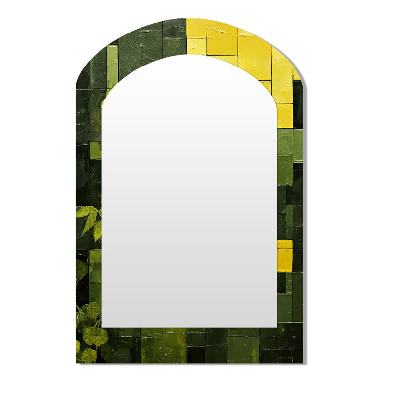 Green Eco Friendly Cubic collage II - Cubism Arch Unique Wall Mirror Decor, Green Asymmetrical Large Mirror, Printed Metal Art
