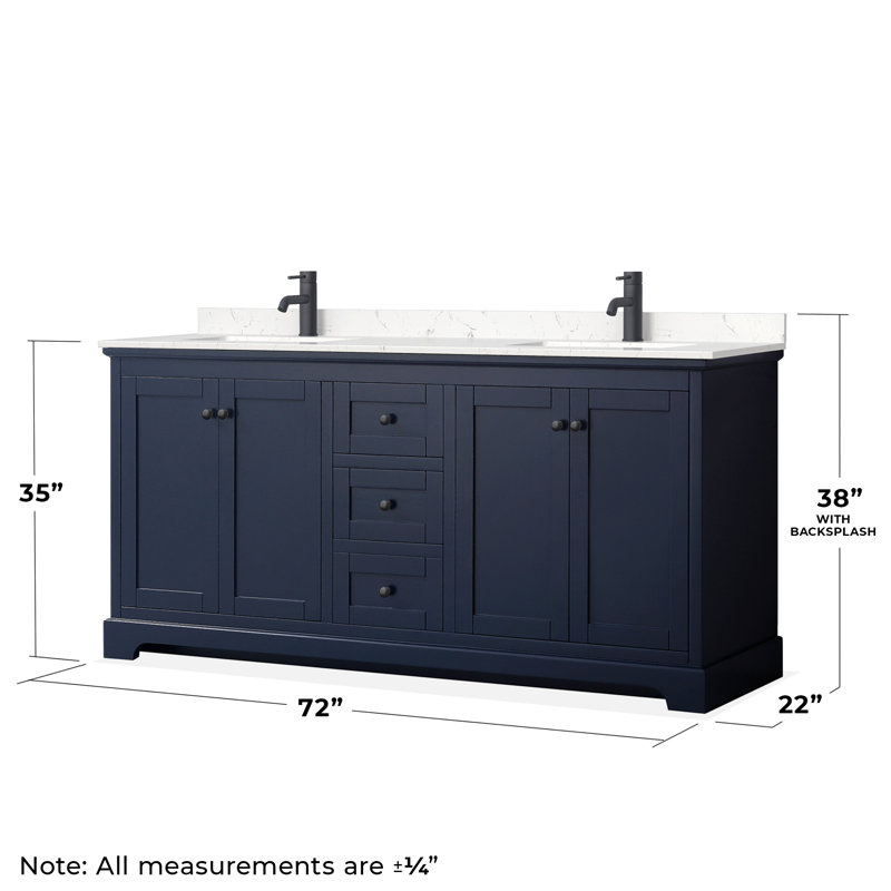 Avery 72'' Double Bathroom Vanity with Marble Top, Light Vein Carrara Cultured Marble, Dark Blue, Matte Black