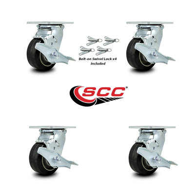 Rubber on Aluminum Caster with Roller Bearings and Brake/Swivel Lock