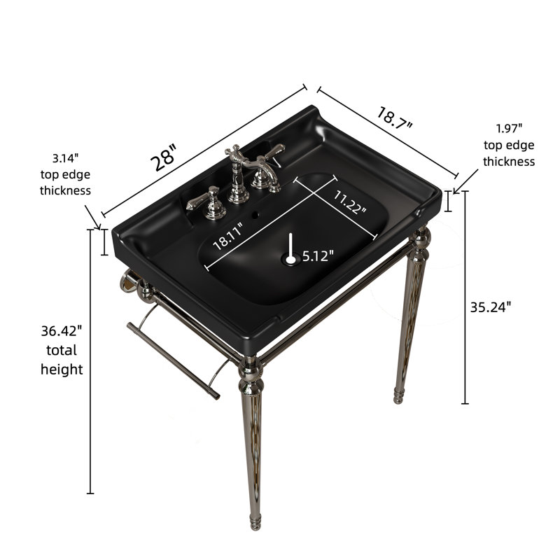 28" Bathroom Console Sink, Wall-Mounted Ceramic Vanity Basin With 3 Pre-Drilled Faucet Holes, Silver, Black