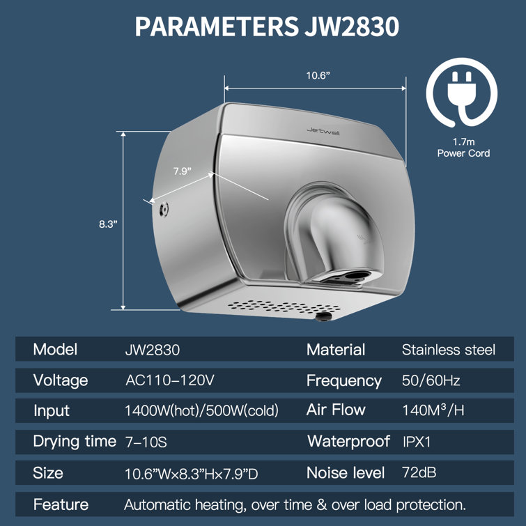 JETWELL High Speed Commercial Automatic Hand Dryer - Heavy Duty Stainless Steel - Warm Wind Hand Blower