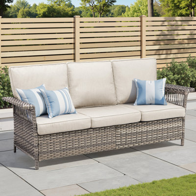 Patio de 76,7 po de largeur, coussins rembourrés de mousse beige, résistant aux intempéries, et de 5,11 po pour le confort, conception ergonomique à coussin haut avec une durabilité durable par tous les temps, repos confortable, sièges