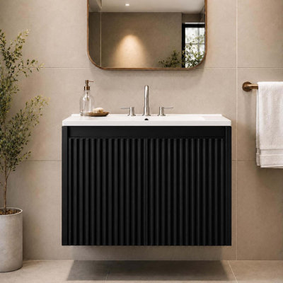 Meuble-lavabo mural moderne 24 po, 2 portes, lavabo en céramique blanche, PVC imperméable, 3 trous