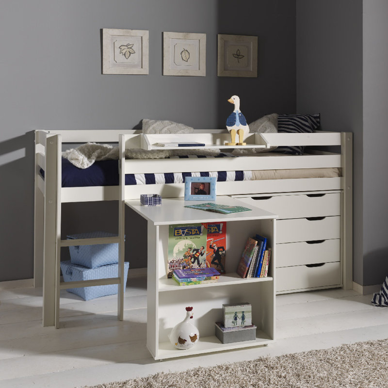 Edwards European Single (90 X 200 Cm) Loft Bed with Built-in Ladder Included with Desk Included, White