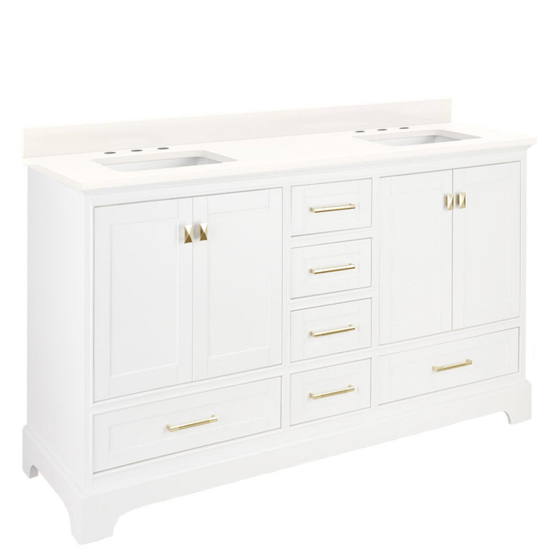Quen 72" Freestanding Double Basin Vanity Set with Cabinet, Vanity Tops, Soft White, Arctic White Quartz, 8" Widespread