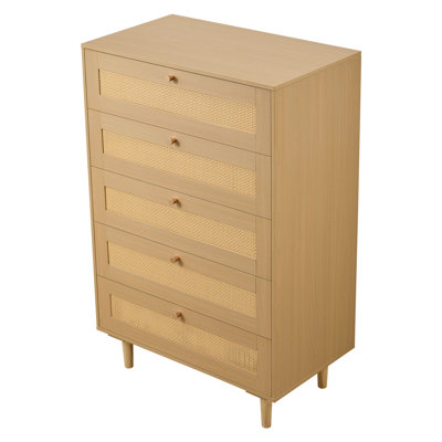 5 Drawer Rattan Dresser, Modern Closet Dresser for Bedroom, Natural Rattan Chest of Drawers with Metal Handles & Wooden Legs, Chest Clothing Organizer