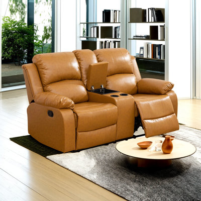 Causeuse inclinable manuelle en cuir de 68 po de large avec fauteuil inclinable 2 places avec rangement et porte-gobelet