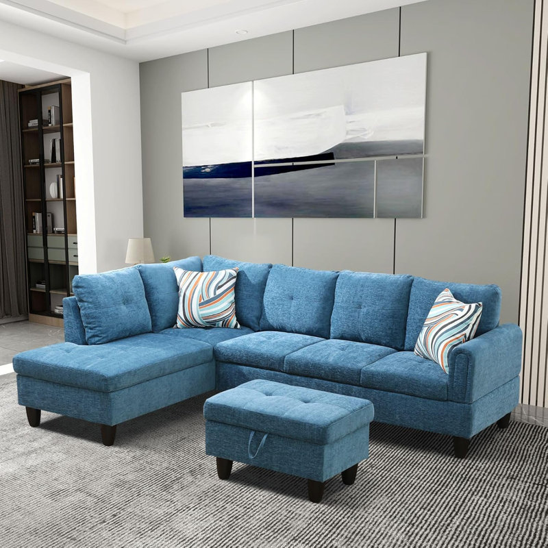 3-Piece Flannel Sectional Sofa, Gray, Left Hand Facing