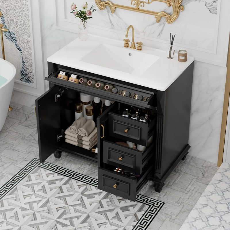 Meuble-lavabo multifonctionnel avec cadre en bois massif, Bleu gris, Doré