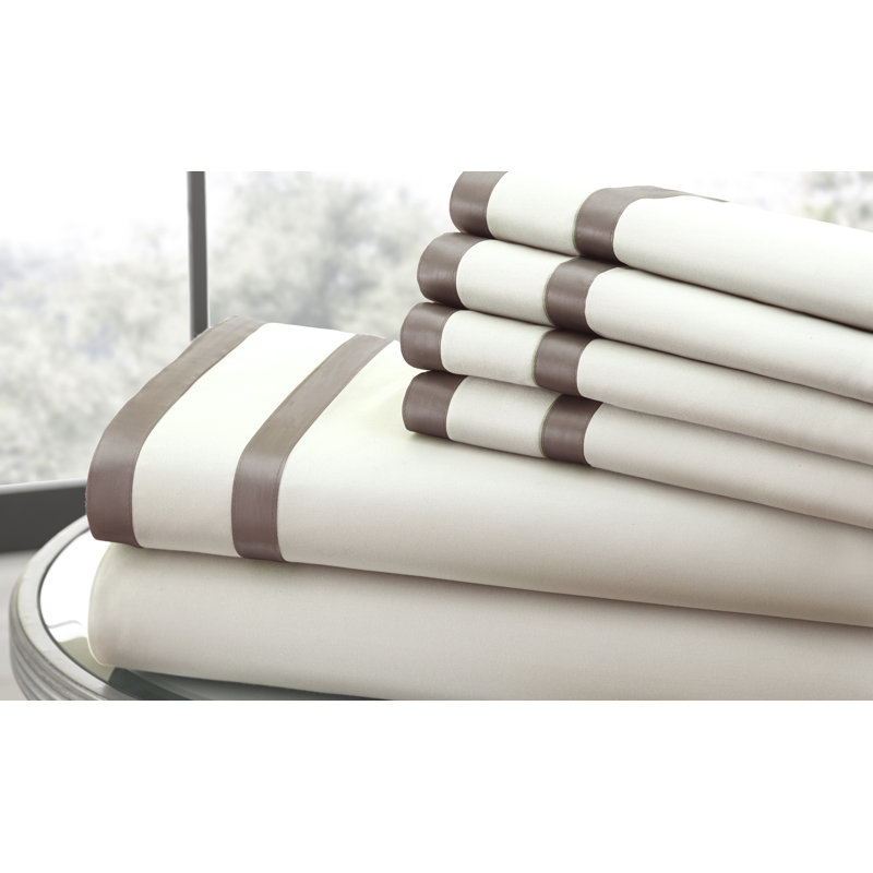  Ensemble de draps rayés en satin de coton mélangé à contexture de 1000 fils, Bande de satin ivoire et moka