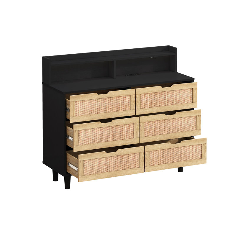Armoire de rangement en rotin 6 tiroirs avec lumières DEL et prise de courant, Noir