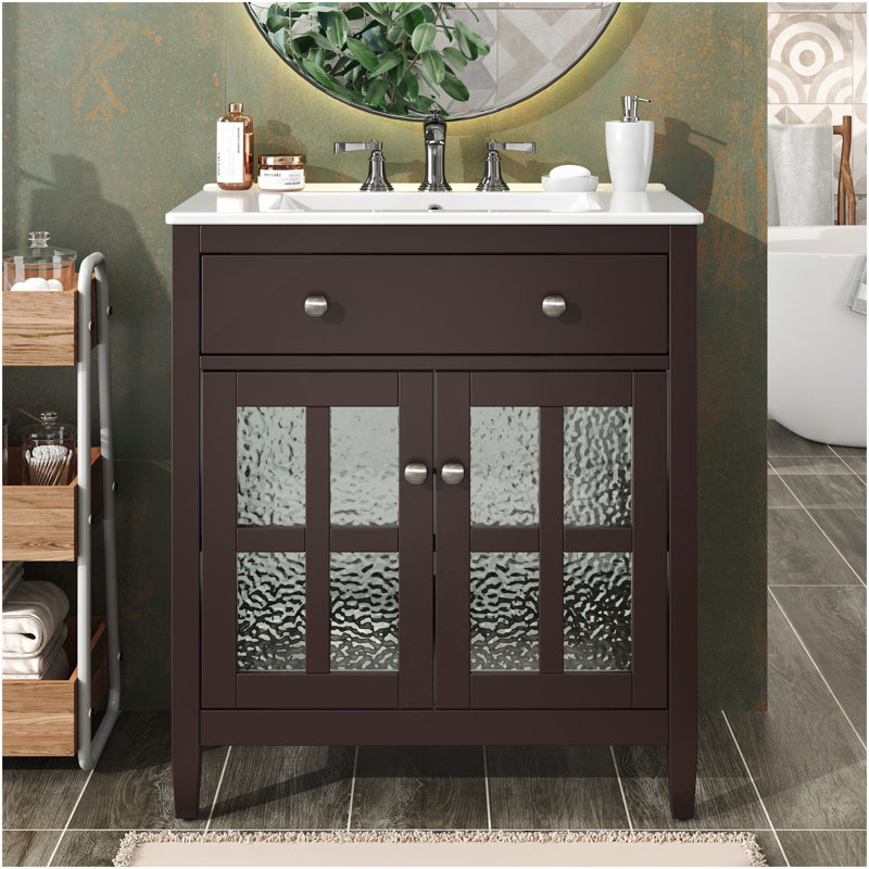 Meuble-lavabo de 30 po avec lavabo en céramique, tablette réglable et plateau basculant, meuble-lavabo avec pieds en bois, poignées en métal argenté et charnières à fermeture douce, brun foncé