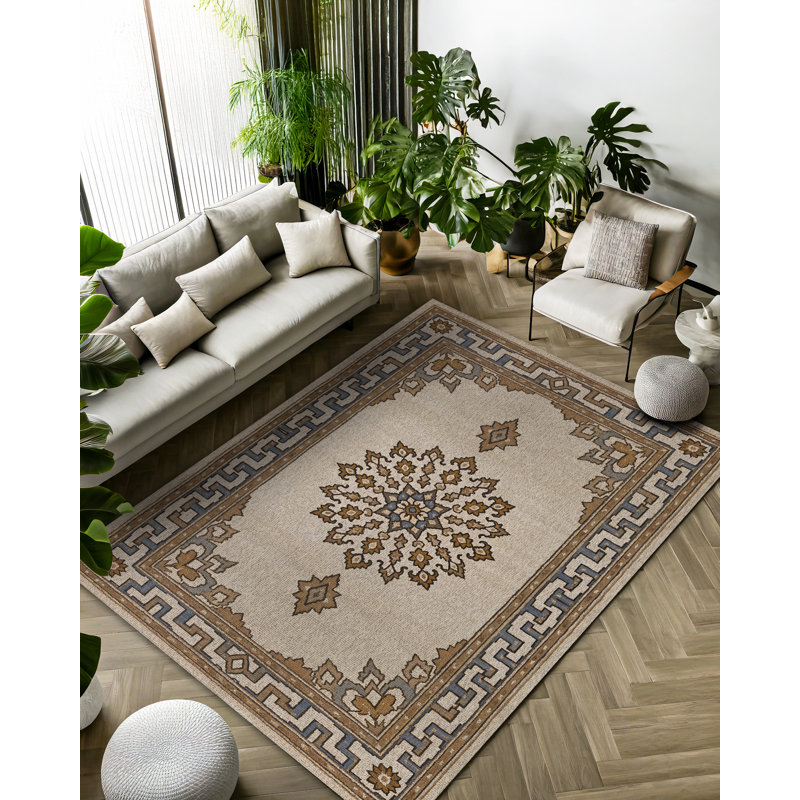 Minisisi Collection Digital Print Cotton-Polyester Beige Brown Moroccan Rug, Runner 2'8" x 9'11"