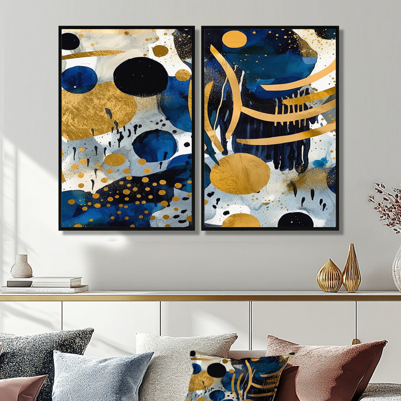 Motif abstrait avec textures bleues et dorées XIXème - Art mural moderne bleu 2 panneaux, Black, 36" H x 48" W