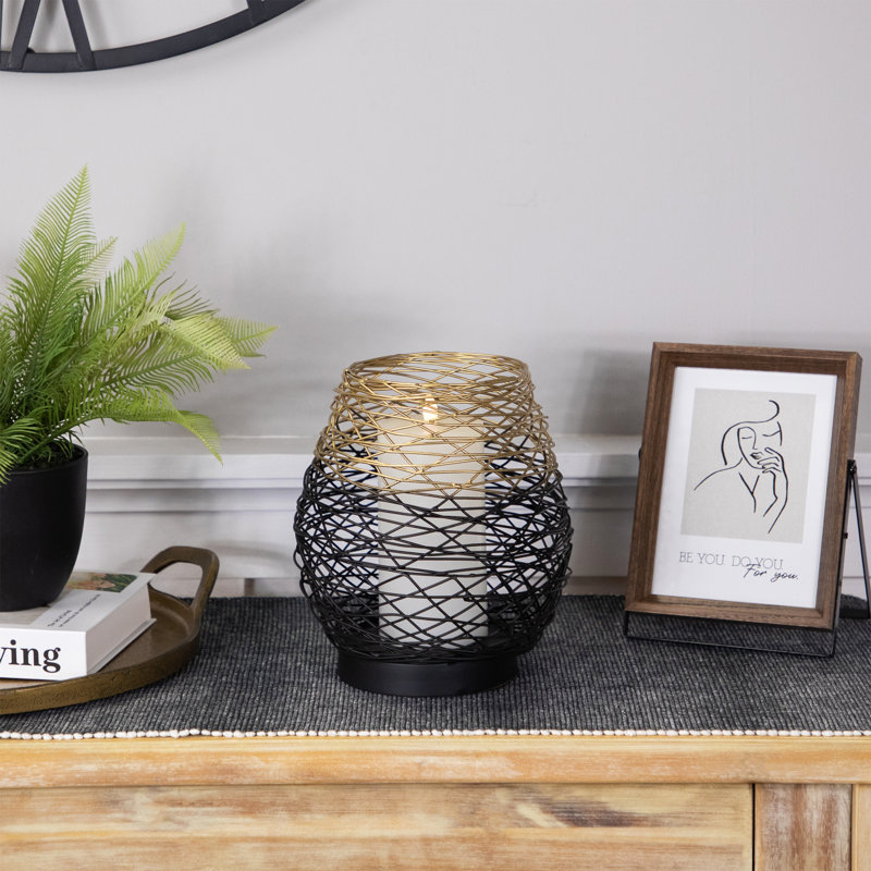 Large Woven Ombre Iron Pillar Candle Holder - - Black And Gold, 8.5" H x 7.5" W x 7.5" D 