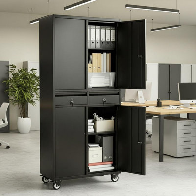 73'' Metal Storage Cabinet with Wheels, Heavy Duty Garage Storage with 4 Lockable Doors, 2 Drawers and 2 Adjustable Shelves for Home,Office,Warehouse,Garage