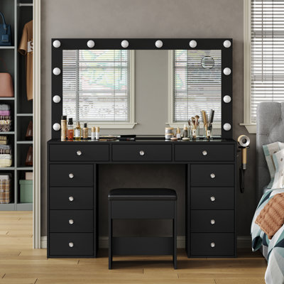 Pisklo Vanity desk & Power Outl, Makeup Vanity with Mirror and 12 LED Lights, Makeup Table with 11 Drawers, Vanity Table with Chair，Vanity Set 3 Lighting Modes Brightness Adjustable