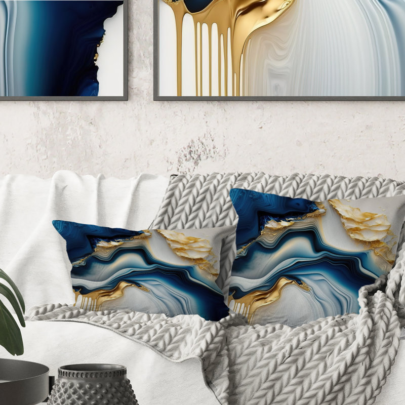Abstract Geode Gold And Blue Marble II - Abstract Marble Printed Throw Pillow