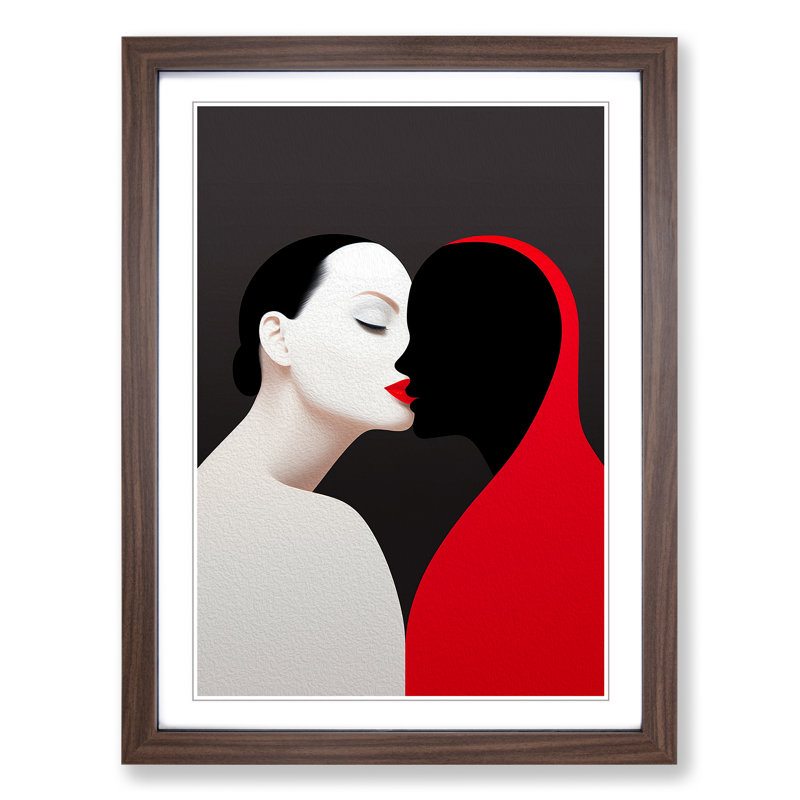 Two Women In Love Minimalism No.2 - Single Picture Frame Print on Wood, 34cm H x 25cm W x 2cm D, Walnut