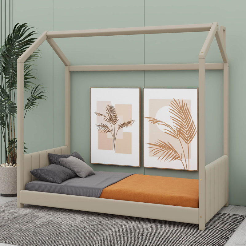 Lit en bois avec tête de lit en velours, Beige, Lit simple