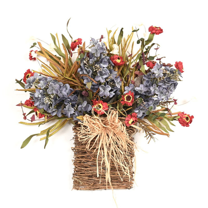 Décoration hortensia rustique artificielle 24 "avec panier en raphia naturel, Gris