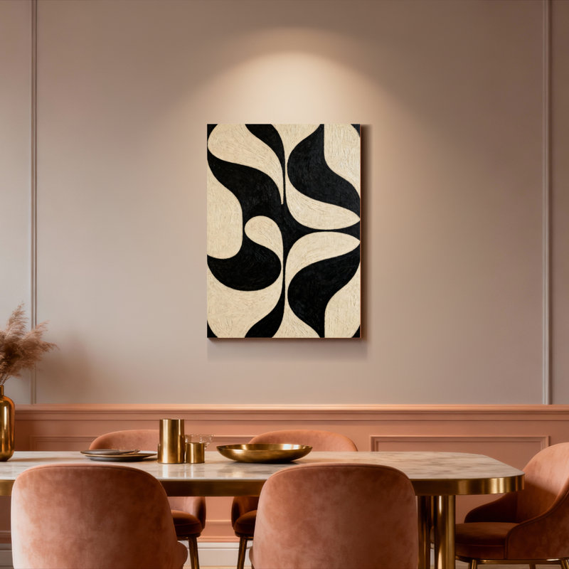 Ensemble de 1 tableau sur toile tendue à motif géométrique abstrait noir et crème, H 18 po x l 12 po