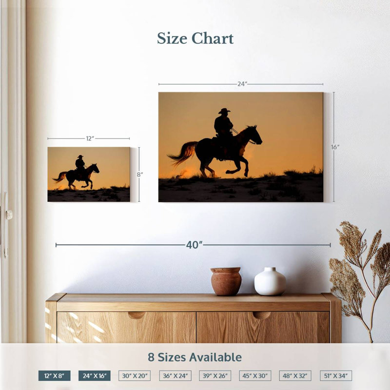 Lelar, cowboy à cheval, H 16 po x l 24 po