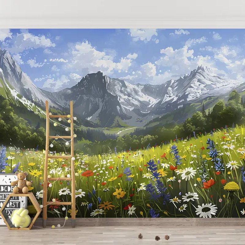 Murale paysage alpin prairie et montagne enneigée, L 108 po x l 96 po