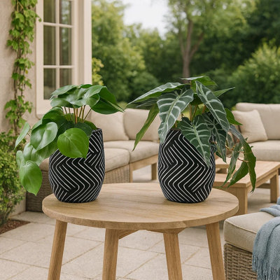 Ensemble de 2 plantes Miko Alocasia, feuilles vertes réalistes, pot noir