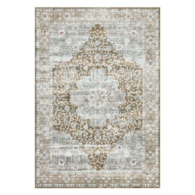 5x7 Washable Area Rug Anti Slip Rug Vintage Distressed Flower Floor Carpet Non Shedding Rug Vintage Rug Foldable Accent Rug for Kitchen Dining Room Khaki