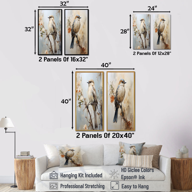 Minimalisme, oiseau beige sur branche - ensemble de 2 impressions sur toile d'oiseaux, H 32 po x l 33 po, Toile tendue