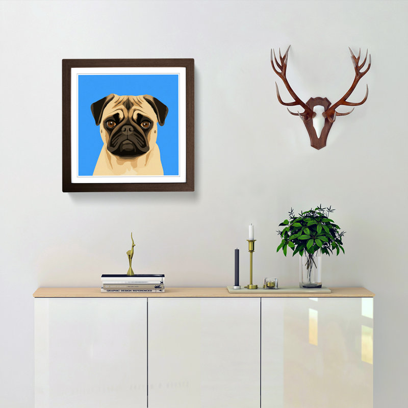 Pug Minimalism No. Copy - Framed Print, Multicolor Blue, Walnut
