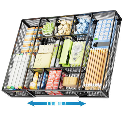 Expandable Desk Drawer Organizer, Mesh Drawer Organizer Tray With 10 Adjustable Compartments, 5 Dividers Drawer(Black)