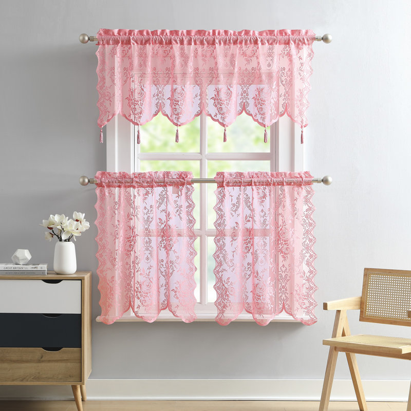 3 Piece Lace Kitchen Curtains And Valances Set, Includes 2 30" X 36" Kitchen Tiers & 54" X 22” Lace Valance With 6 Tassels