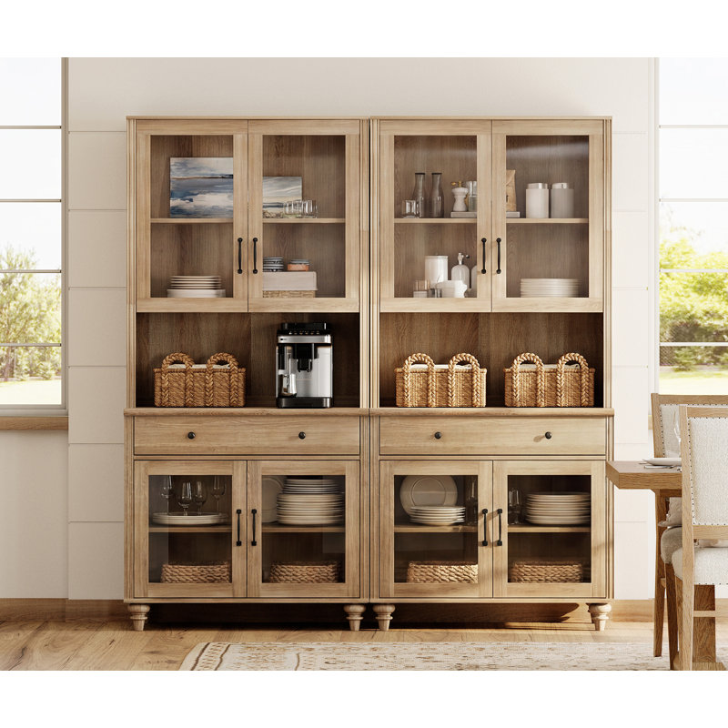 Buffet Corretta avec bar et étagères ouvertes, meuble de rangement avec portes vitrées et tiroir, chêne, 68'', Oak